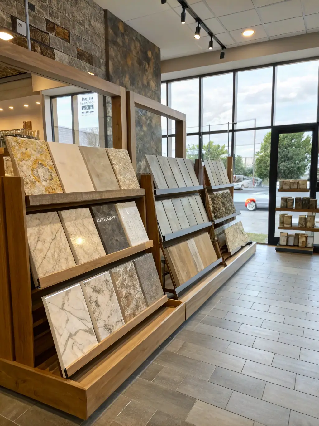 A selection of various tile samples from Dragon Engineering, showcasing different colors, textures, and materials available for consultation.