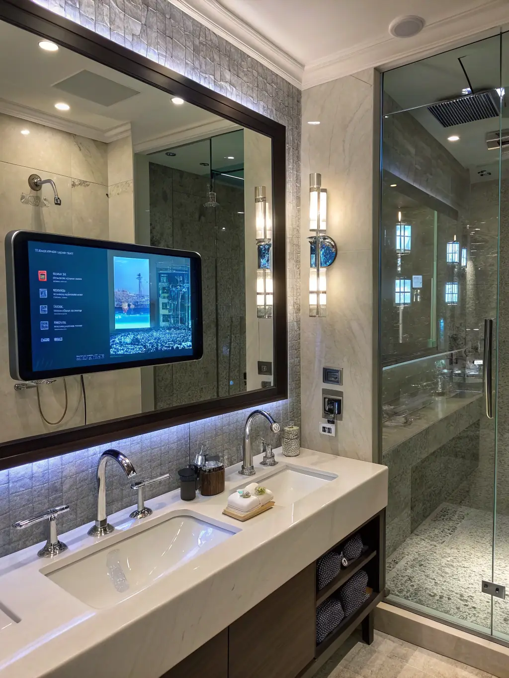 A stylish bathroom featuring Dragon Engineering's tiles, with a smart home system controlling lighting and temperature, showcasing integrated technology.